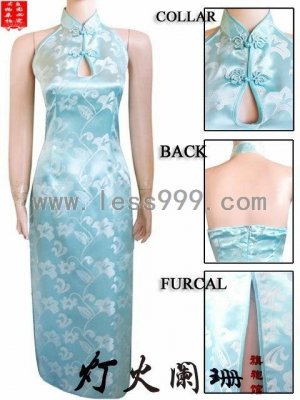 Light Blue Morning Glory Key Hole Chinese Long Dress/Chinese Gown/