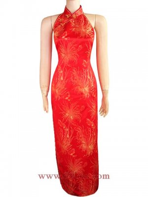 Satin Red/Wedding  Backless/Chinese Long Dress/Oriental Style Dress