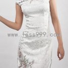 White Cotton Jacquard Top to Bottom Embroidered Chinese Mini Dress/Chinese Gown/Oriental Style Dress