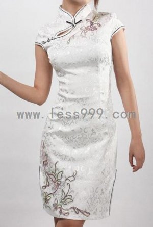 White Cotton Jacquard Top to Bottom Embroidered Chinese Mini Dress/Chinese Gown/Oriental Style Dress