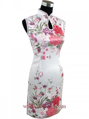 Silk White&Red Flower Chinese Mini Dress 9QIP-0305 /Chinese Gown/Oriental Style Dresses
