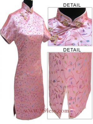 Satin Floral Print Chinese Mini Dress/Chinese Gown/Oriental Style Dress/Cheongsam-Pink