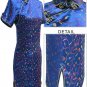 Satin Floral Print Chinese Mini Dress/Chinese Gown/Oriental Style Dress/Cheongsam-Navy Blue