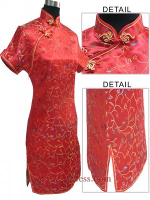 Satin Floral Print Chinese Mini Wedding Dress/Chinese Gown/Oriental Style Dress/Cheongsam-Red