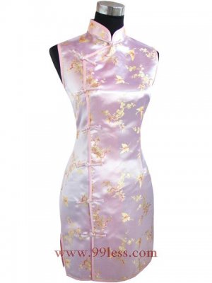 Satin Butterfly Pattern Chinese Mini Dress/Chinese Gown/Oriental Style Dress/Cheongsam-Golden