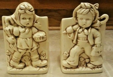 Hummel-Style White Hand-Painted Ceramic Mid-Century Boy & Girl Planters, Holders