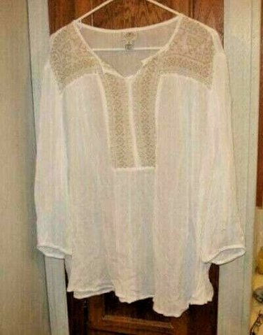Women White & Tan St John's Bay Embroidered Tunic Top Shirt, Size 3X
