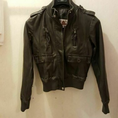 Women's Grey Faux Leather Bomber Jacket Coat