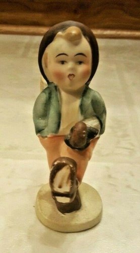 Hummel-Like Boy Figurine Depicting Boy Coming from Market with Umbrella & Basket