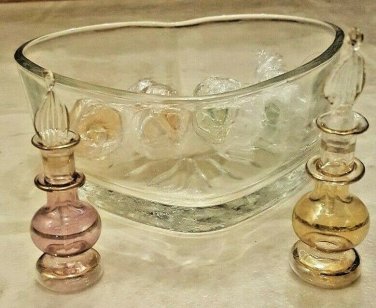 Egyptian Blown Glass Mini Perfume Bottles w/Daubers w/Glass Heart Dish, Lot of 6