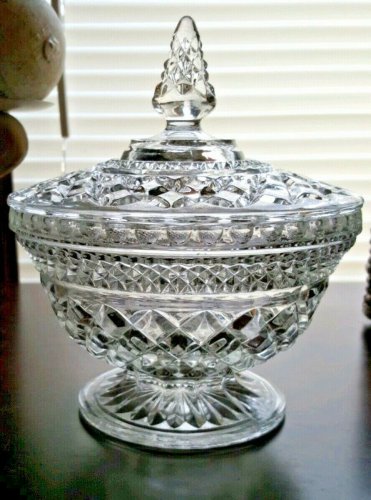 Anchor Hocking Wexford Diamond Cut Clear Pressed Glass Candy Dish Bowl w/Lid