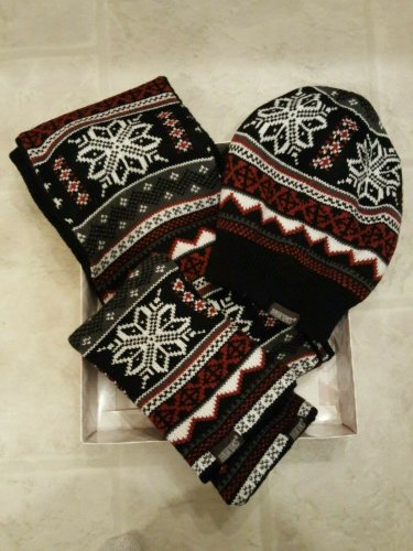 Orig Muk Luks Reversible Beanie Scarf Wristwarmer Black Red White Grey