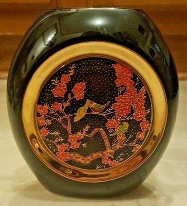 Vintage Zi Jin Cheng Black, Cloisonne Floral Flowers Bird, 4 1/2" Tall Vase