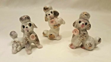 Vintage Set 3 Small White Poodle Dog Figurines Pink Rose Gold Trim Japan, 2.25"