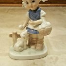 Hummel-Like Girl Figurine with Basket, and Puppy Biting Skirt, Porcelain