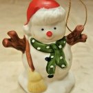 Snowman Bell Winter Holiday Porcelain Tree Ornament Hand Painted w/Santa Hat