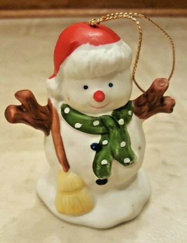 Snowman Bell Winter Holiday Porcelain Tree Ornament Hand Painted w/Santa Hat