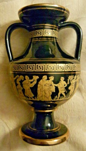Vintage Neofitou Hand Made in Greece 24k Gold Trim Black Vase, 7"