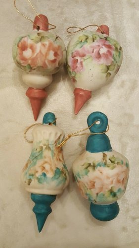 Porcelain Holiday Hanging Hand Painted Watercolor Ornaments Roses Green, Mauve