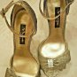 Nina Glittery Gold wBlk Design Peep Toe Heels Ankle Strap Size 6 1/2 Rhinestones