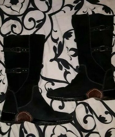 Women's Black & Brown Sofft Suede Buckle Accent Calf-High Boots