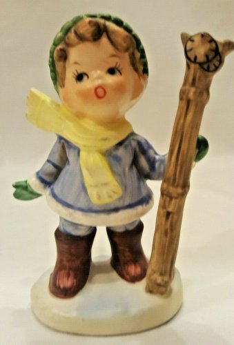 Winter Holiday Snow Figurine Ceramic NAPCOWARE Boy 3.5" Holding Skis 948