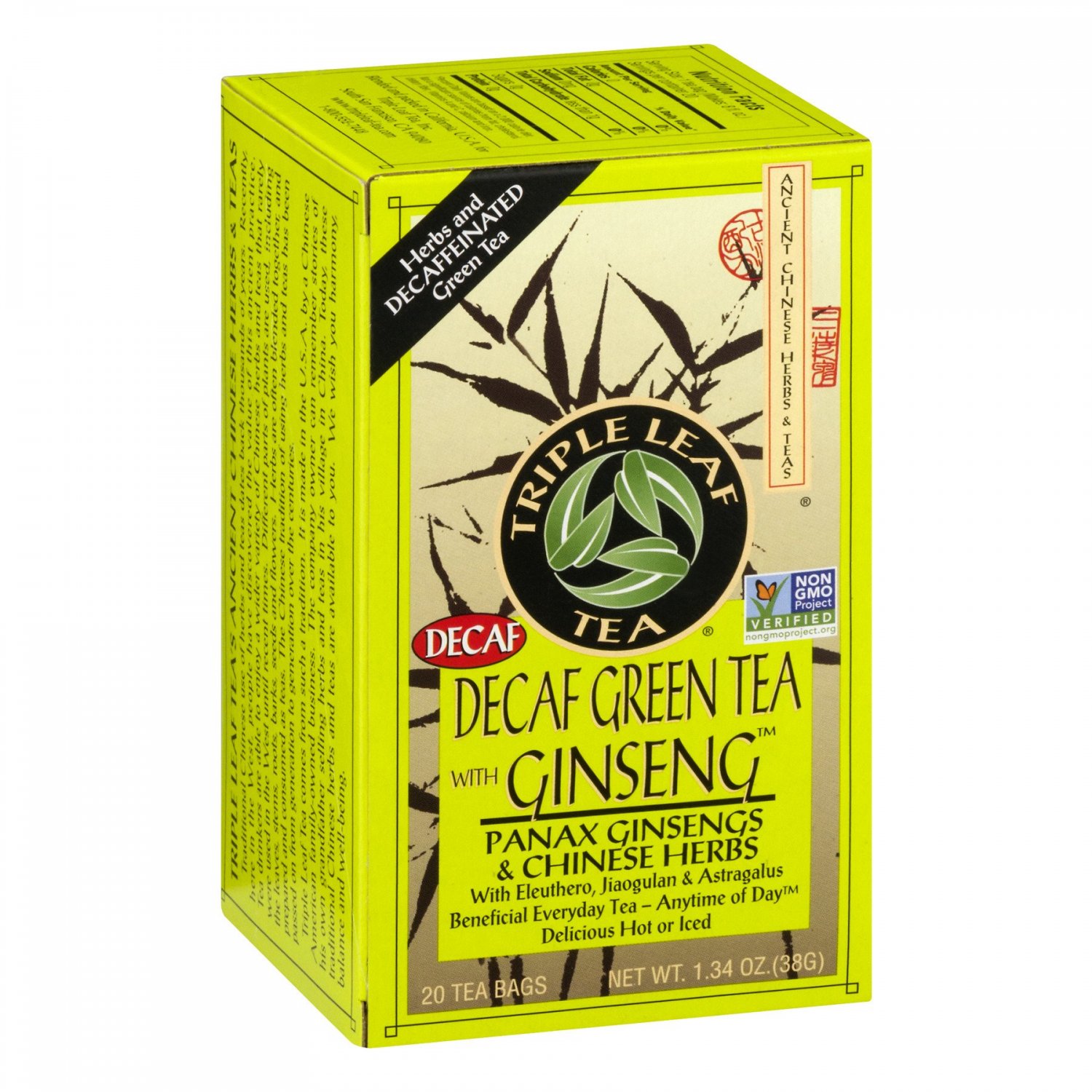 Triple Leaf Tea Green Tea with Ginseng - Decaffeinated - Case of 6 - 20 Bags