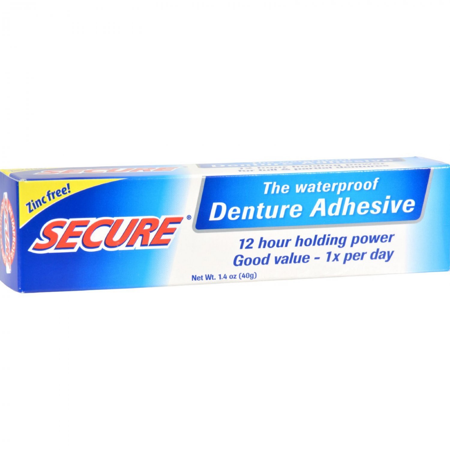 Secure Denture Adhesive Waterproof 12 Hour Holding Power Zinc Free 1.4 oz