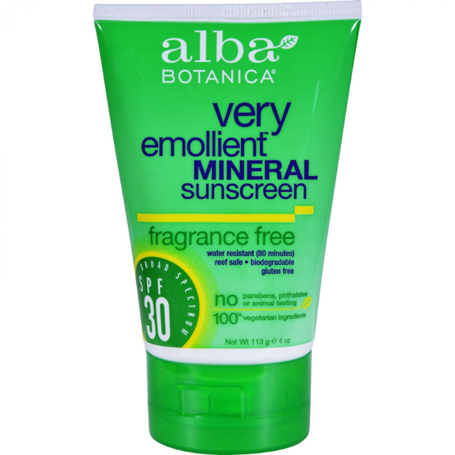 Alba Botanica Very Emollient Natural Sunscreen Mineral Protection Fragrance Free SPF 30 - 4 oz