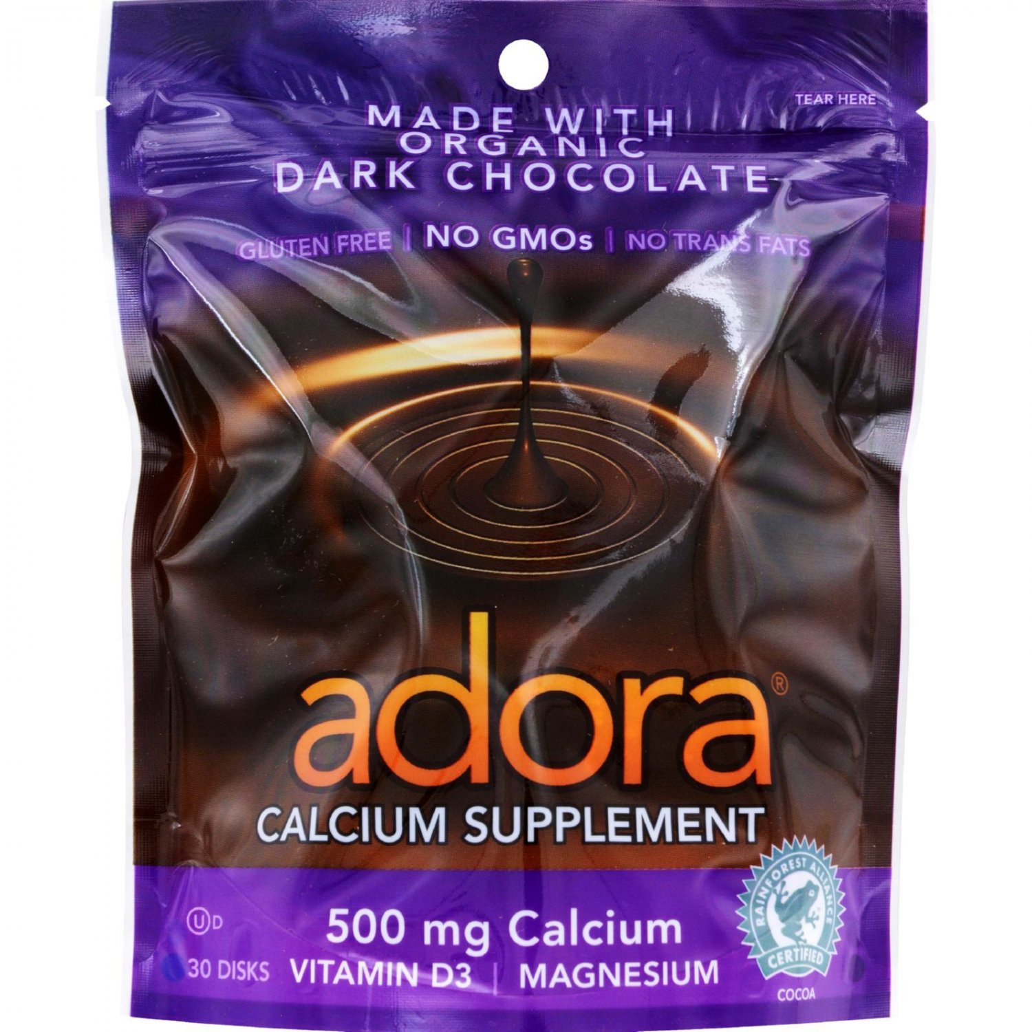 Adora Calcium Supplement Disk - Organic - Dark Chocolate - 30 ct - 1 Case