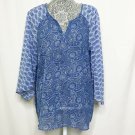 Zac & Rachel Shirt SZ L Blue Paisley Sheer Chiffon Floral Top Blouse V Neck Long