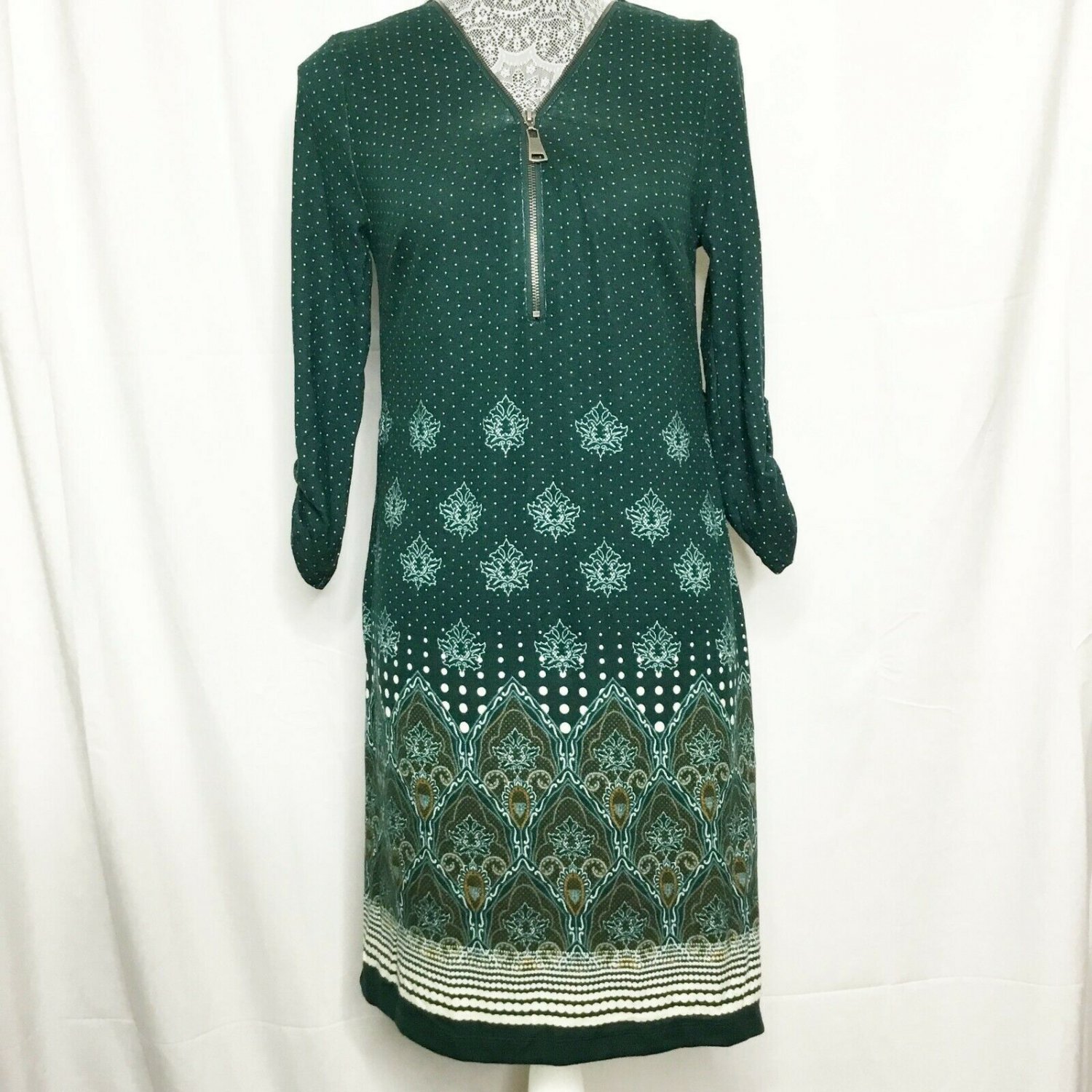 Allison Brittney Green Dot 1/2 Top Zipper Knit Dress Size 6 Long Sleeve Pattern