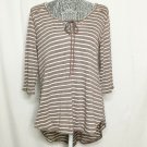 Umgee Brown Beige Striped Drawstring Neck Tunic Women Size S Long Sleeve