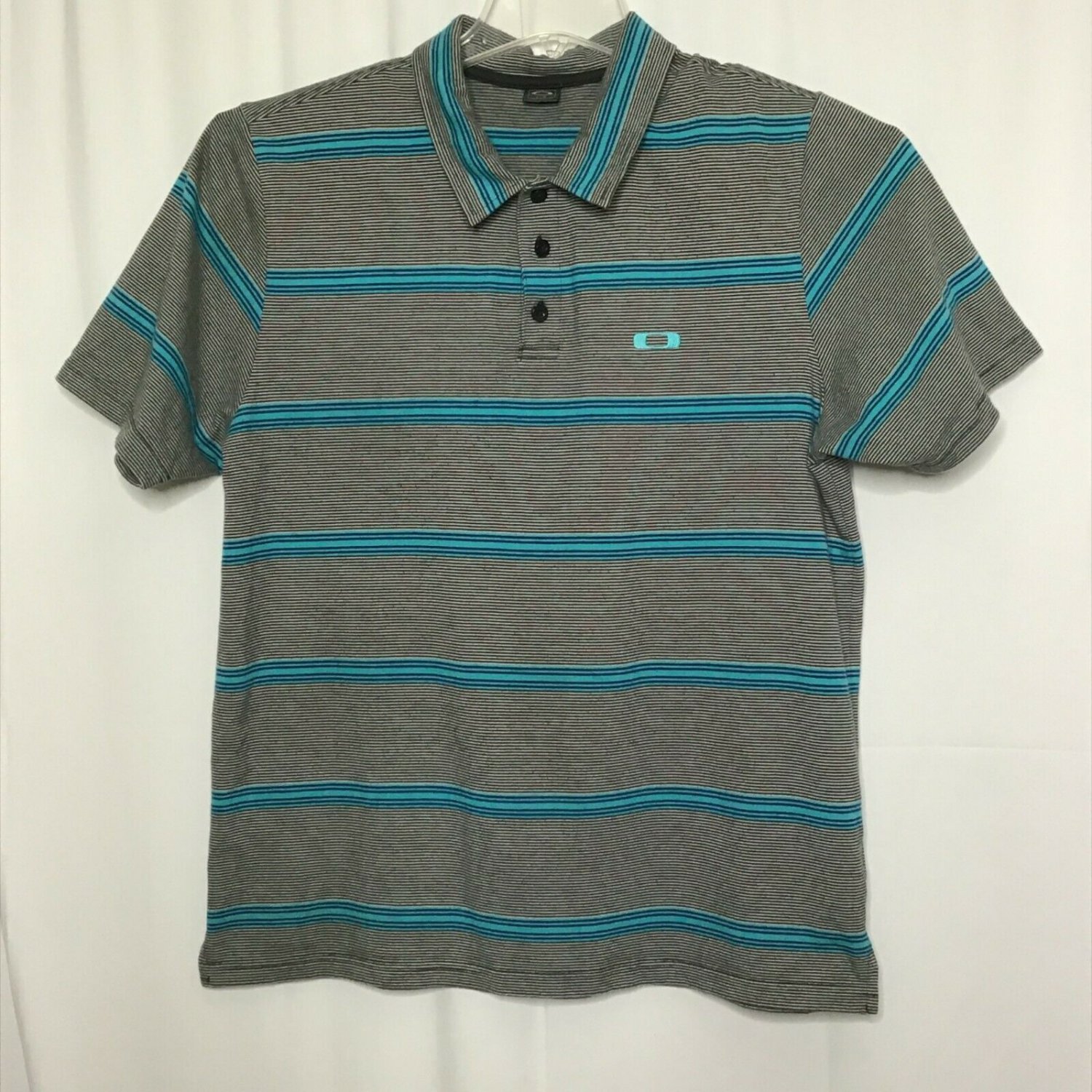 Oakley Golf Shirt Men Sz L Gray Blue Striped Buttoned Collar Short Sleeve
