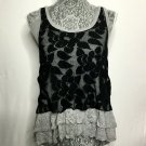 Just Ginger Top Women L Grey Black Lace Sleeveless Bottom Ruffles Round Neck