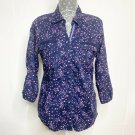 Decree Shirt Women L Blue Floral Collard Long Sleeve Front Pocket Button Front