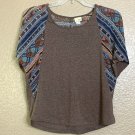 Daytrip Shirt S Aztec Brown Batwing Semi-Sheer Sleeve Scoop Neck Heather Buckle