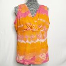 Chaps Shirt Women 1X Orange Pink White Waves Sleeveless V-Neck Summer Casual