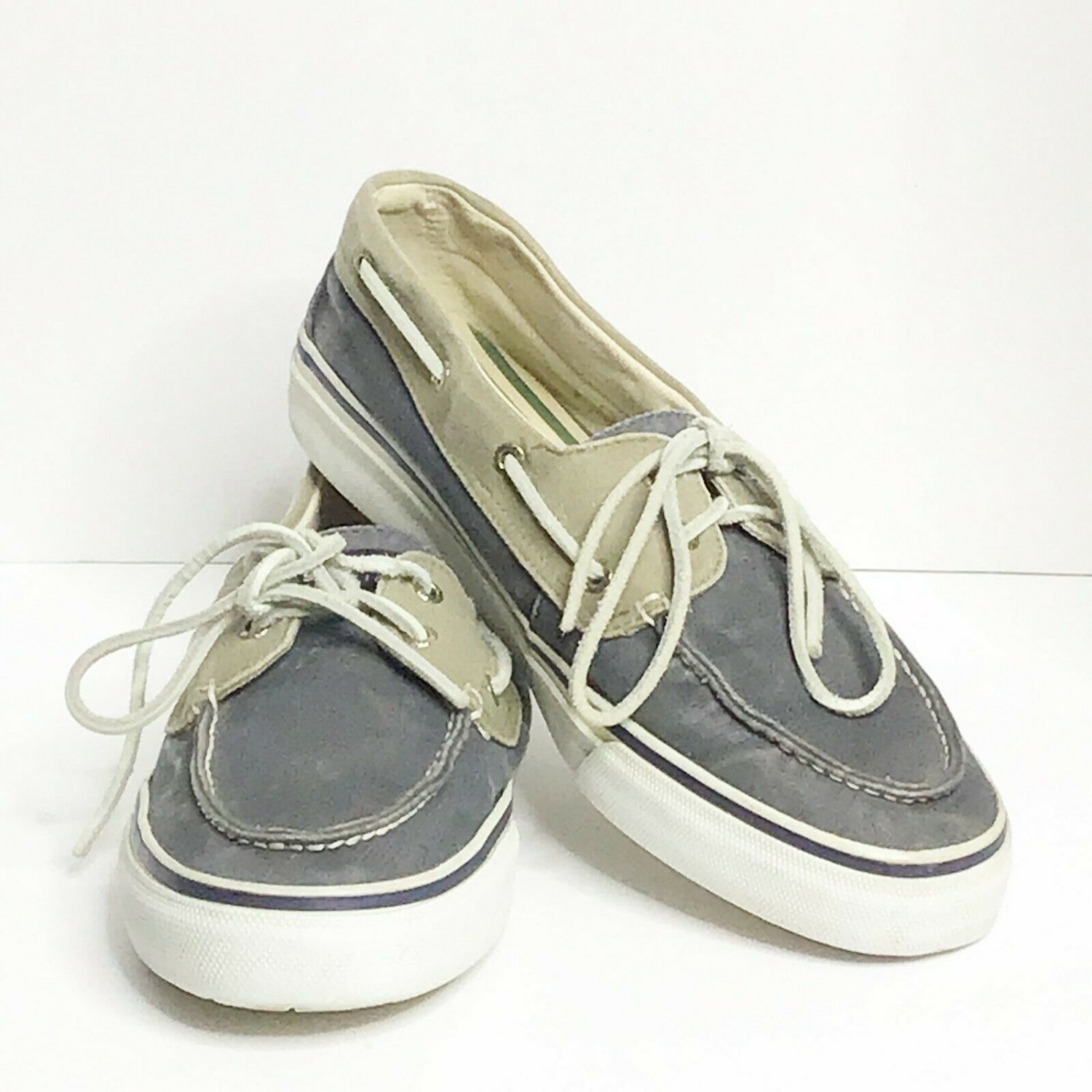 Sperry Top Sider Shoes Men 12M Blue Tan Boat Deck Rubber Sole Leather Strings