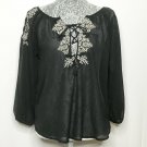 AE BOHO Shirt S Black Sheer Floral V Neck Lace Up Long Sleeve Festival Concert