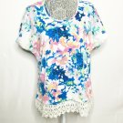 Millers Shirt Women 14 Blue Pink Yellow Floral Round Neck Lace Hem Short Sleeve