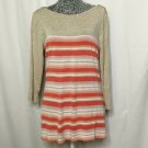 MSSP Shirt Women Large Beige Coral Striped Long Sleeve Flowing Top BOHO