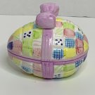 Vtg 4” Porcelain Egg Trinket Jewelry Box With Hand Painted Pattern Block