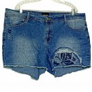 Joe Boxer Shorts Womens 22W Plus Blue Denim Jean Raw Hem Distressed Embroidered