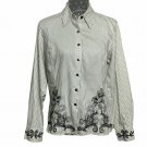 Talbots Petites Shirt Womens Size 10 Black and White Striped Embroidered Blouse