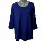Quacker Factory Shirt Women L Blue Solid Long Sleeve Round Neck Everyday Wear