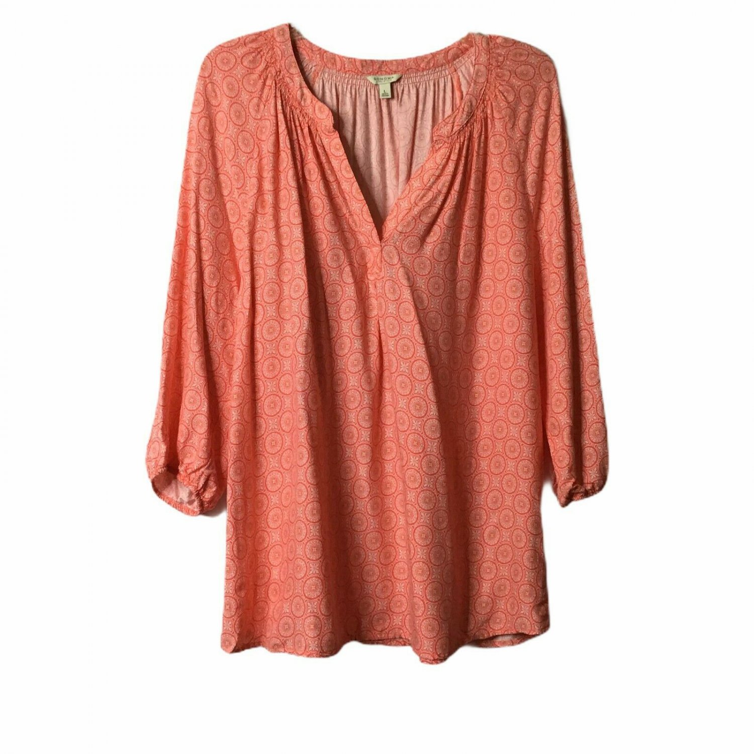 Sonoma Shirt Women L Orange Geometric V-Neck Long Sleeve Puffed Sleeve ...