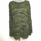 Prospect Top Women 1X Green Black Lines Long Bell Sleeve Round Neck Heathered