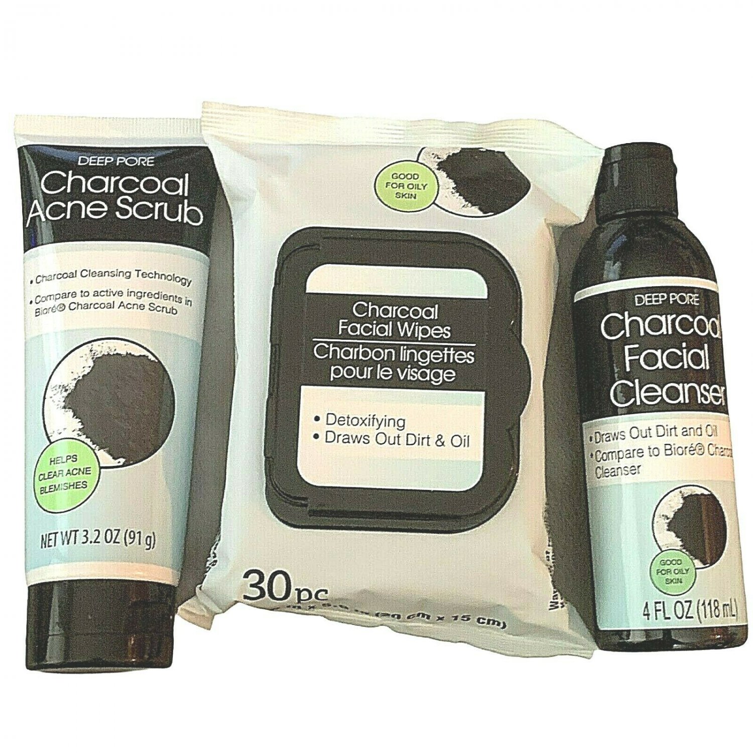 Deep Pore Bundle Charcoal Facial Cleanser Acne Scrub and Facial Wipes 3pc NEW