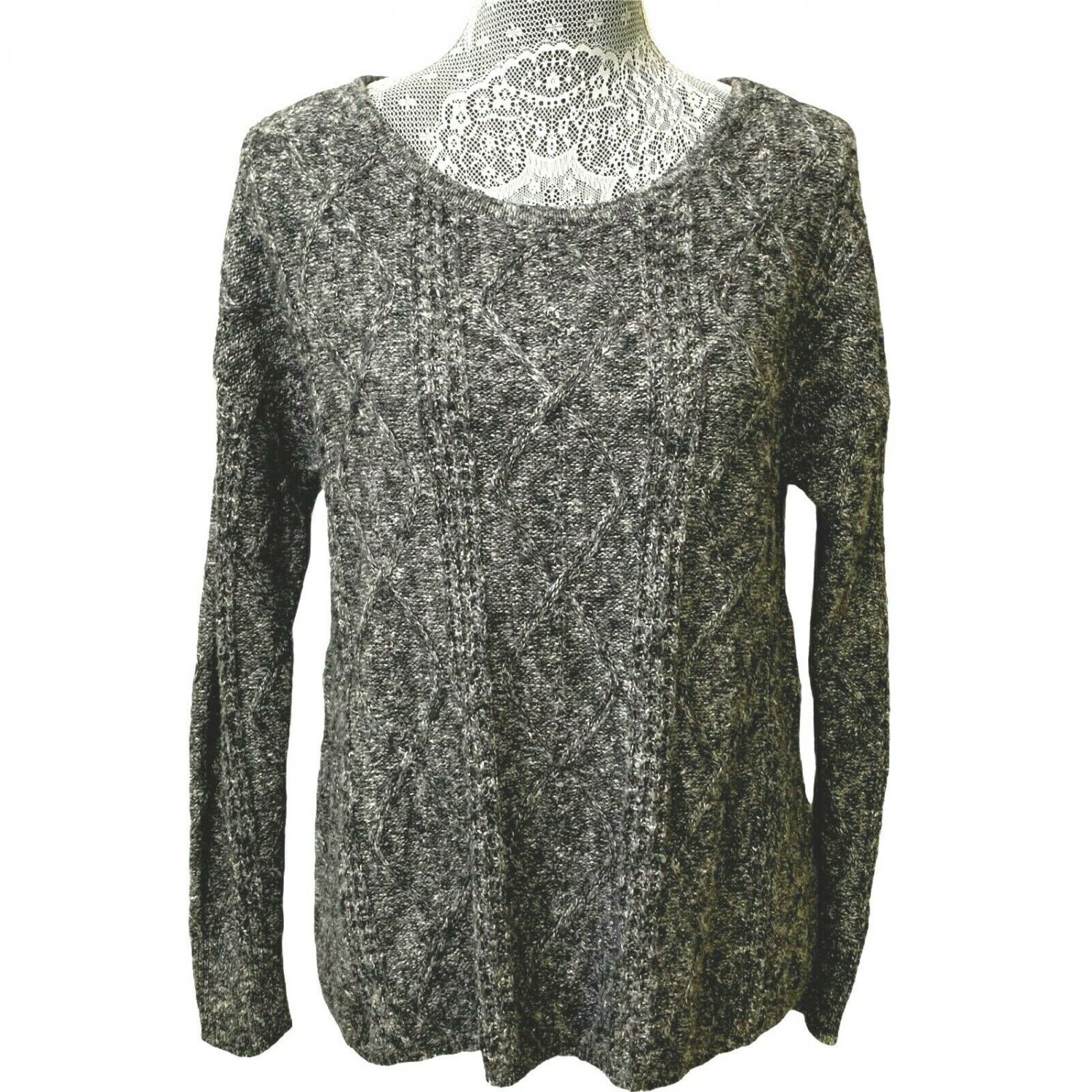 AMERICAN EAGLE Sweater Womens Large Black Heather Round Neck Long Sleeve Ribbed